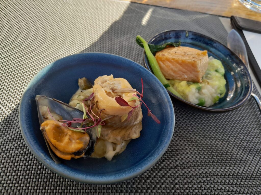 Grilled sole and grilled salmon