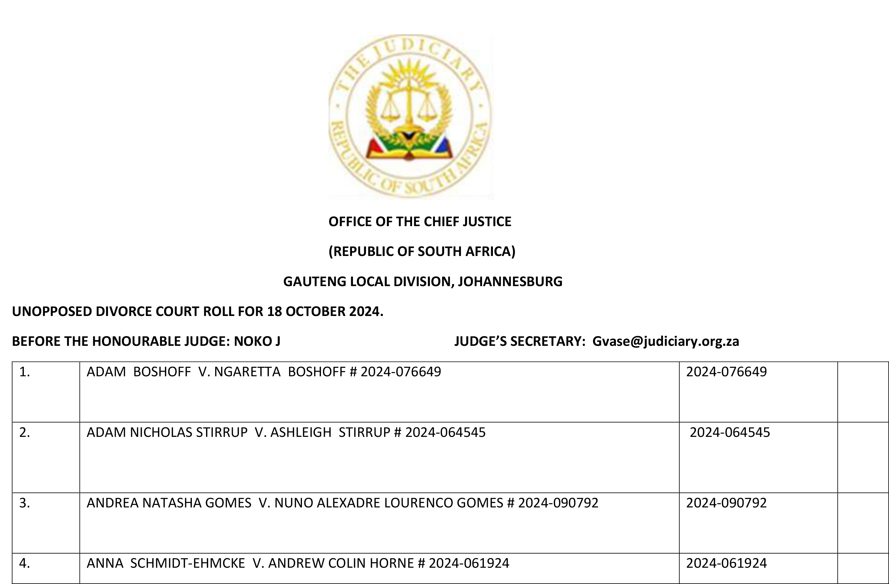 18 October 2024 - Johannesburg - Unopposed Divorce Roll Noko J-1